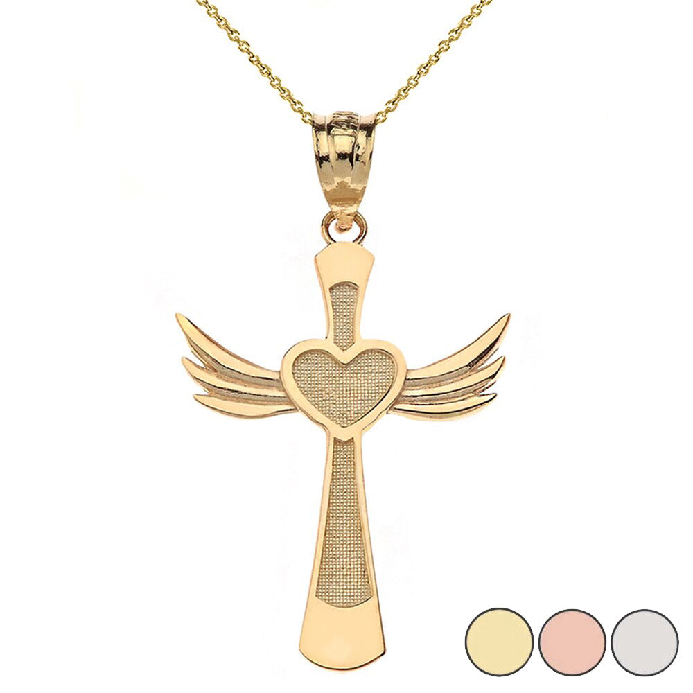 Solid Gold Winged Heart Cross Pendant Necklace