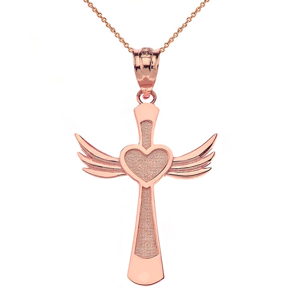 Solid Gold Winged Heart Cross Pendant Necklace, view 3