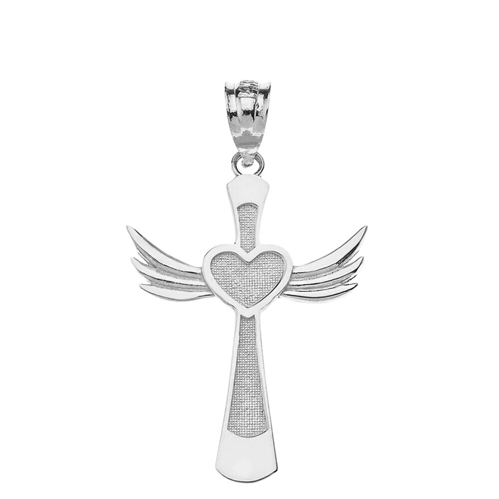 Solid Gold Winged Heart Cross Pendant Necklace, view 7