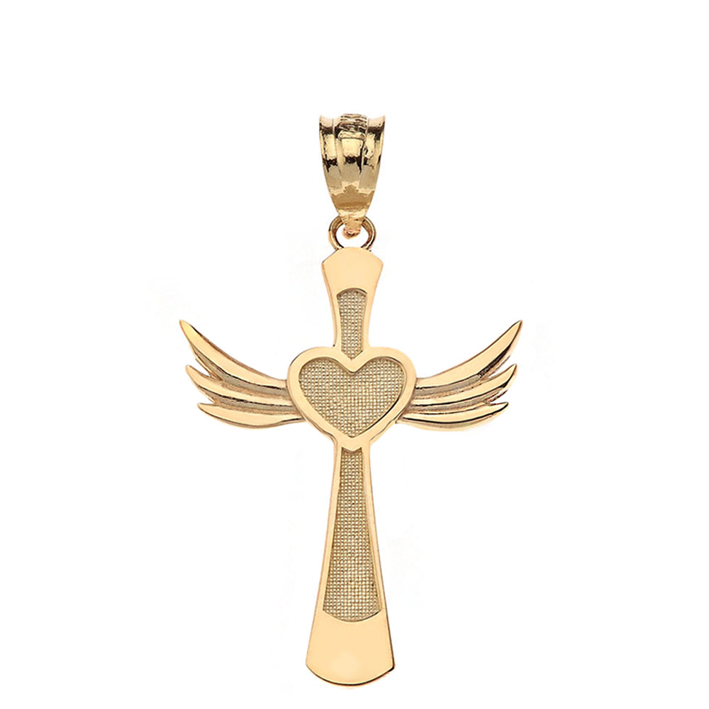 Solid Gold Winged Heart Cross Pendant Necklace, view 9