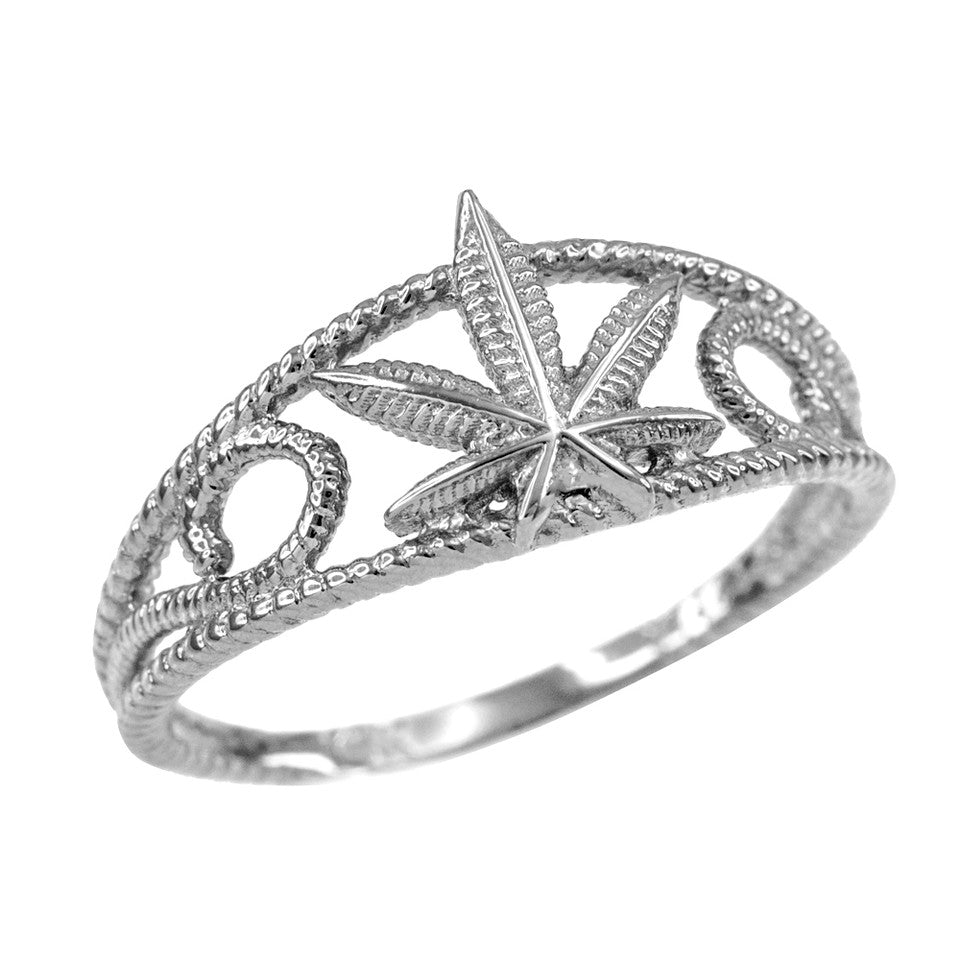 Solid Gold Women's Textured Filigree Weed Marijuana Leaf Ring, view 2