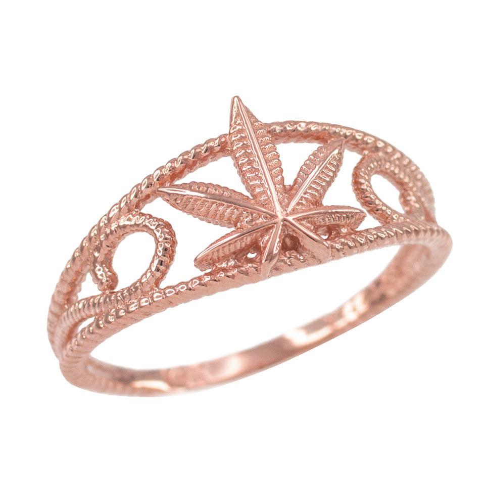 Solid Gold Women's Textured Filigree Weed Marijuana Leaf Ring, view 3