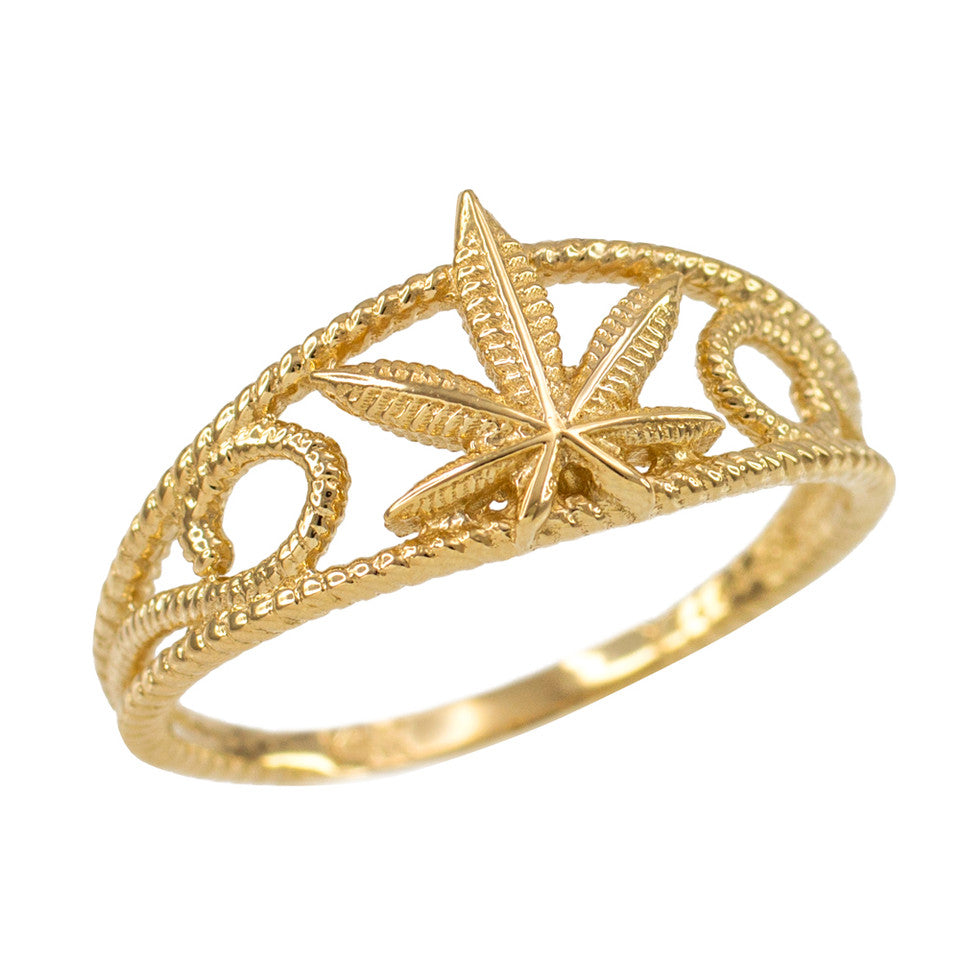 Solid Gold Women's Textured Filigree Weed Marijuana Leaf Ring, view 4