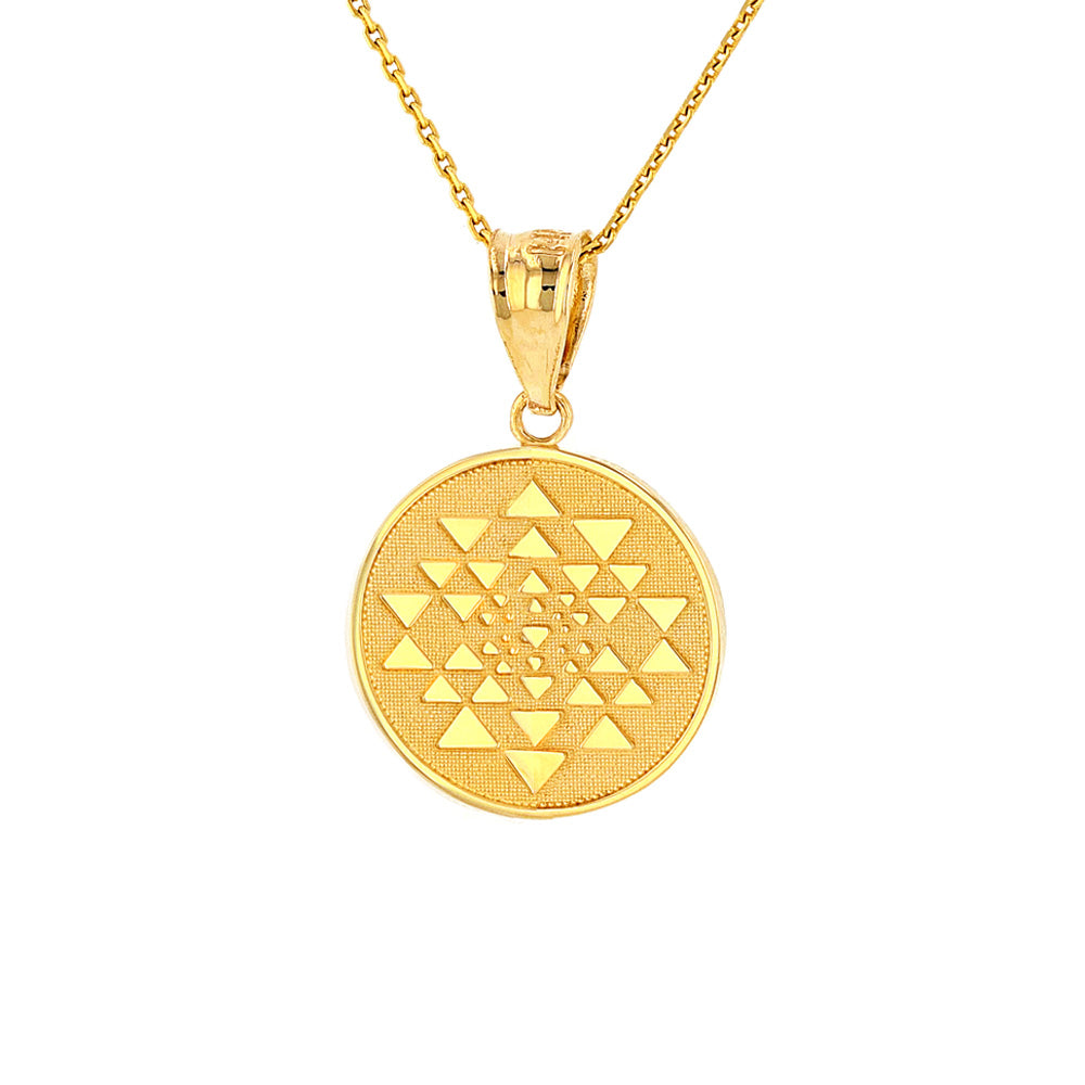 Solid Gold Yantra Tantric Indian Yoga Disc Circle Pendant Necklace