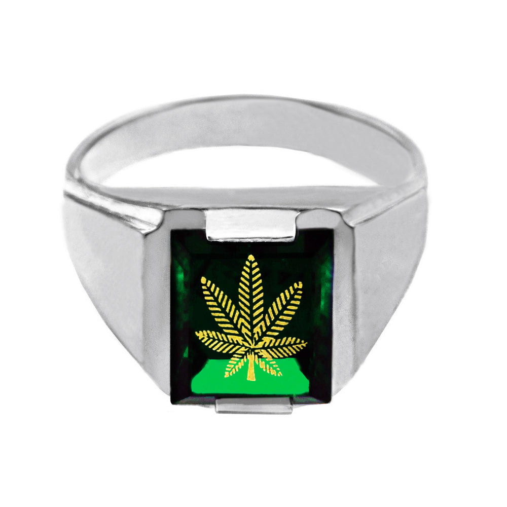 Solid White Gold Green CZ Stone Marijuana Signet Men's Ring, view 2