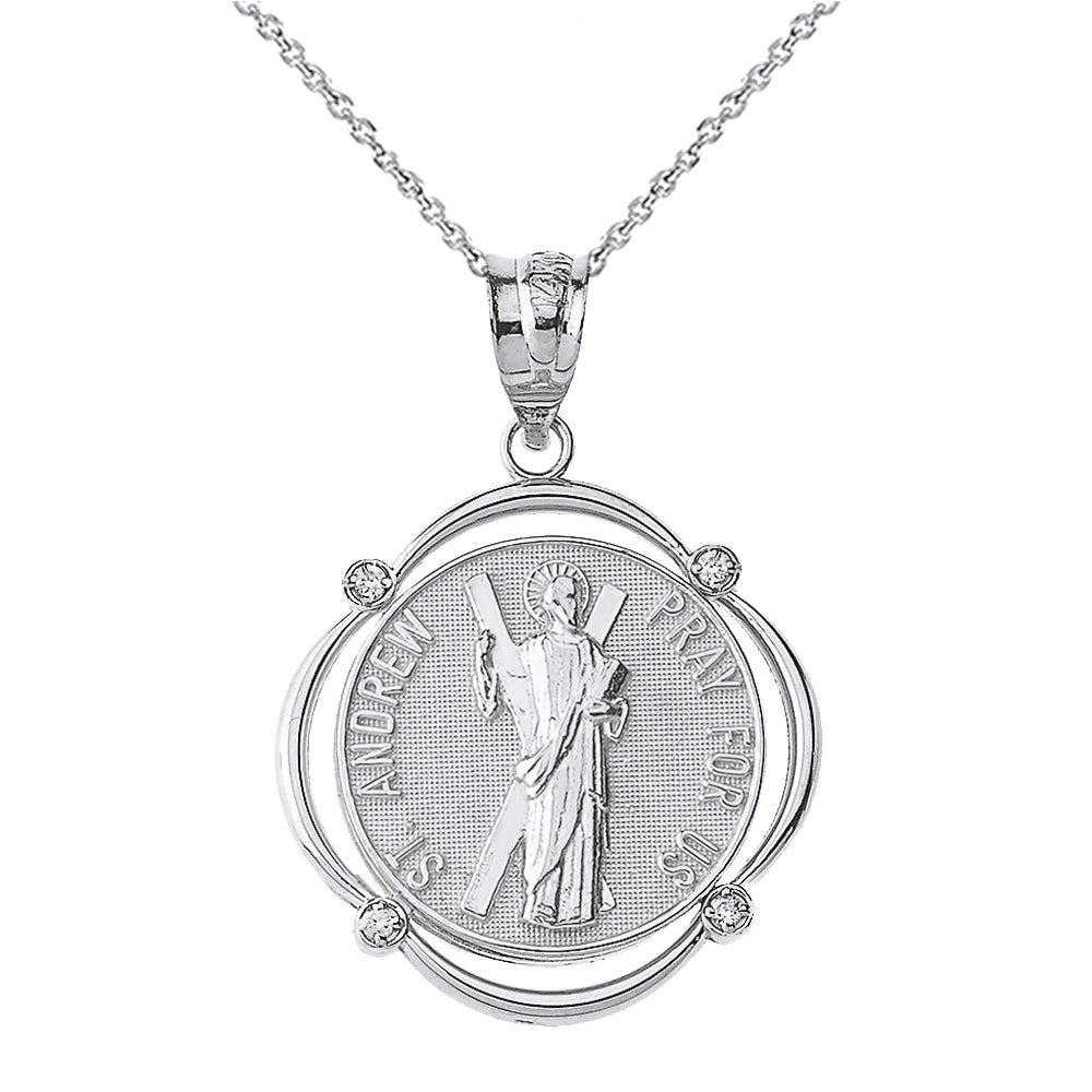 Solid White Gold Saint Andrew Pray For Us Diamond Circular Frame Pendant Necklace