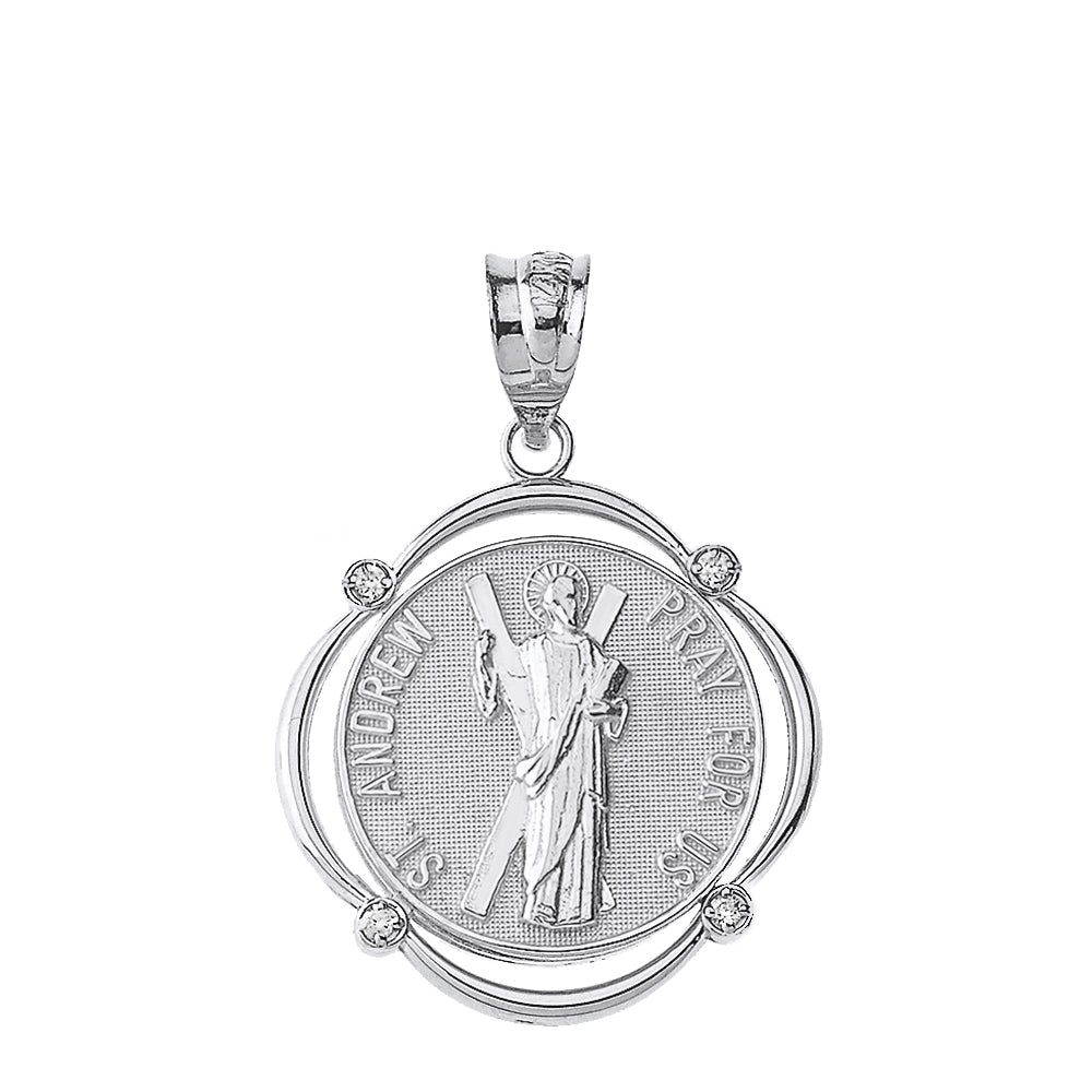 Solid White Gold Saint Andrew Pray For Us Diamond Circular Frame Pendant Necklace, view 2