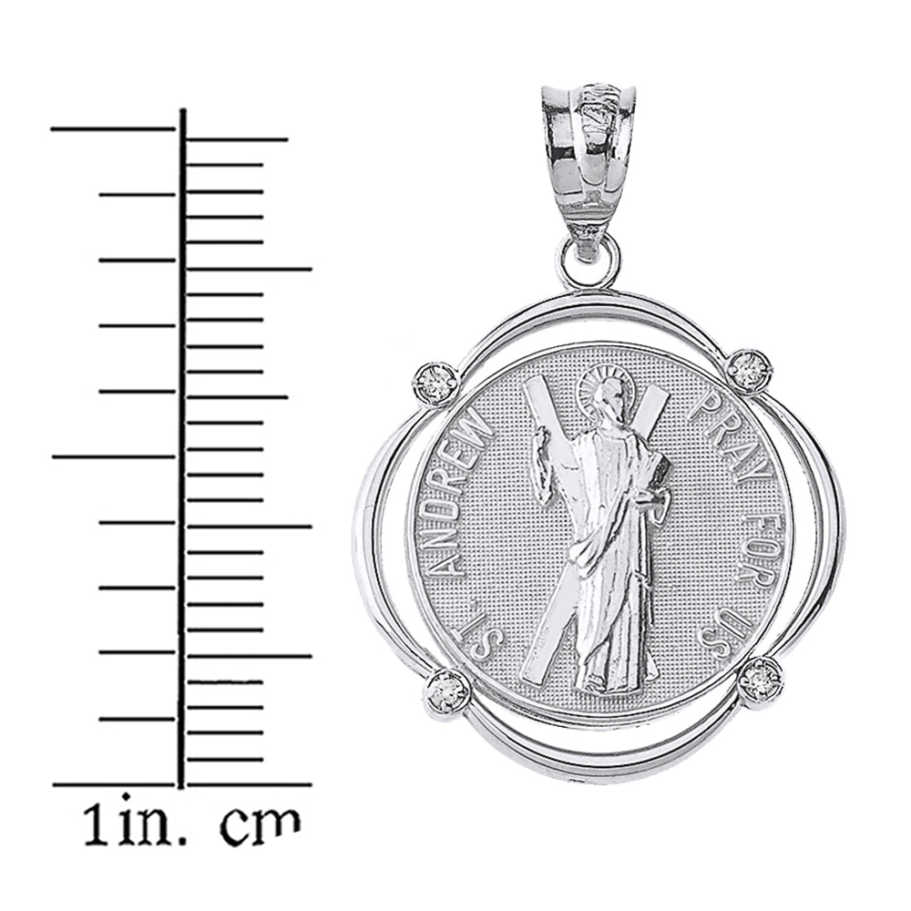 Solid White Gold Saint Andrew Pray For Us Diamond Circular Frame Pendant Necklace, view 3