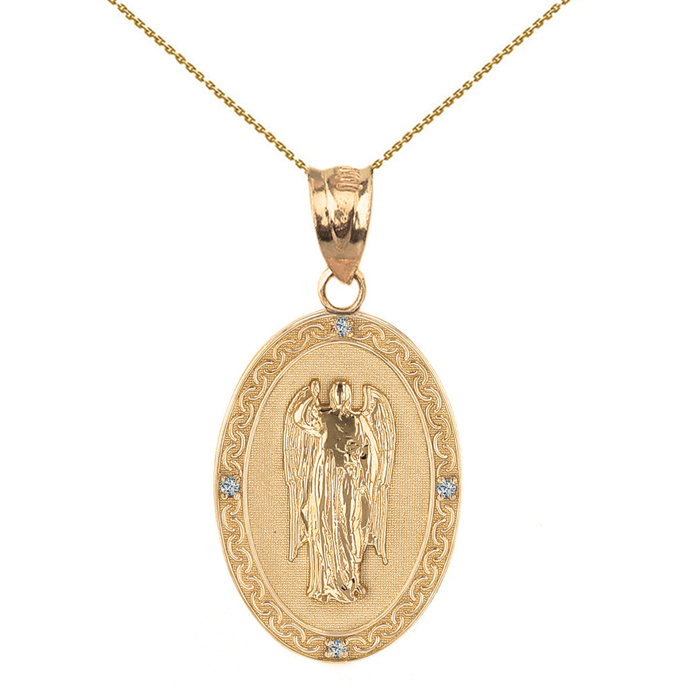 Solid Yellow Gold Archangel Saint Gabriel Diamond Oval Engravable Medallion Pendant Necklace 1.02" (25 mm)