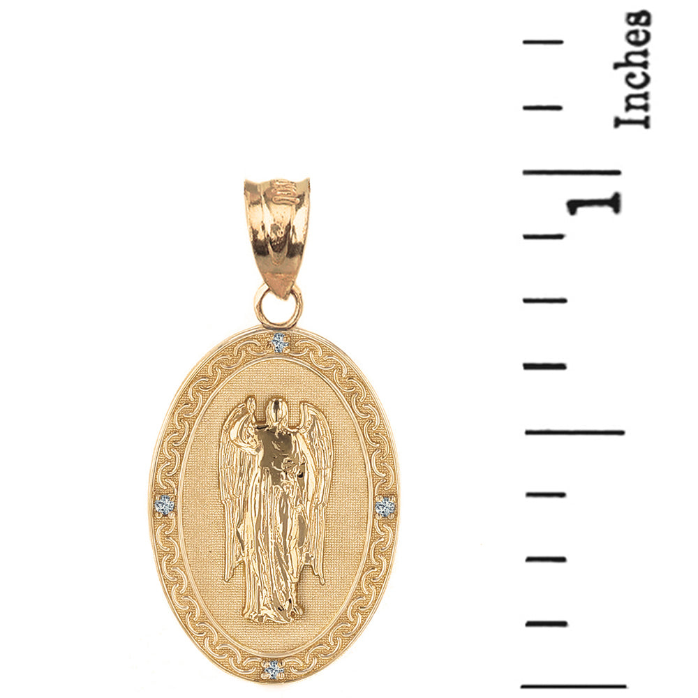 Solid Yellow Gold Archangel Saint Gabriel Diamond Oval Engravable Medallion Pendant Necklace 1.02" (25 mm), view 2