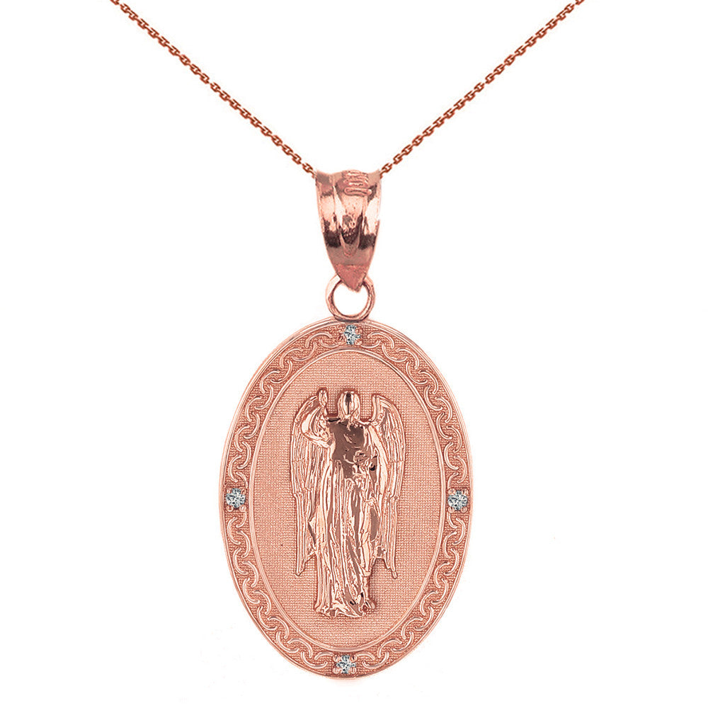 Solid Yellow Gold Archangel Saint Gabriel Diamond Oval Engravable Medallion Pendant Necklace 1.02" (25 mm), view 3