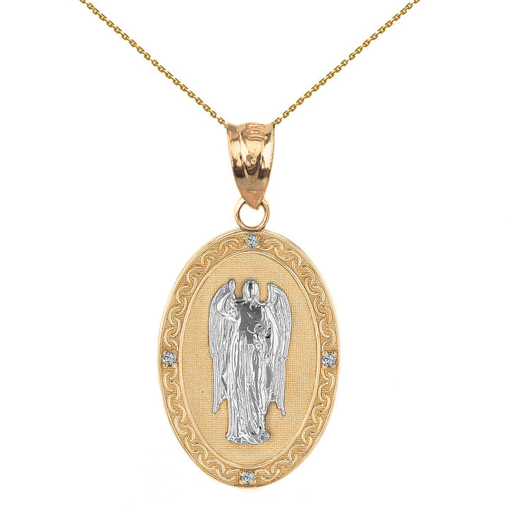Solid Yellow Gold Archangel Saint Gabriel Diamond Oval Engravable Medallion Pendant Necklace 1.02" (25 mm), view 4