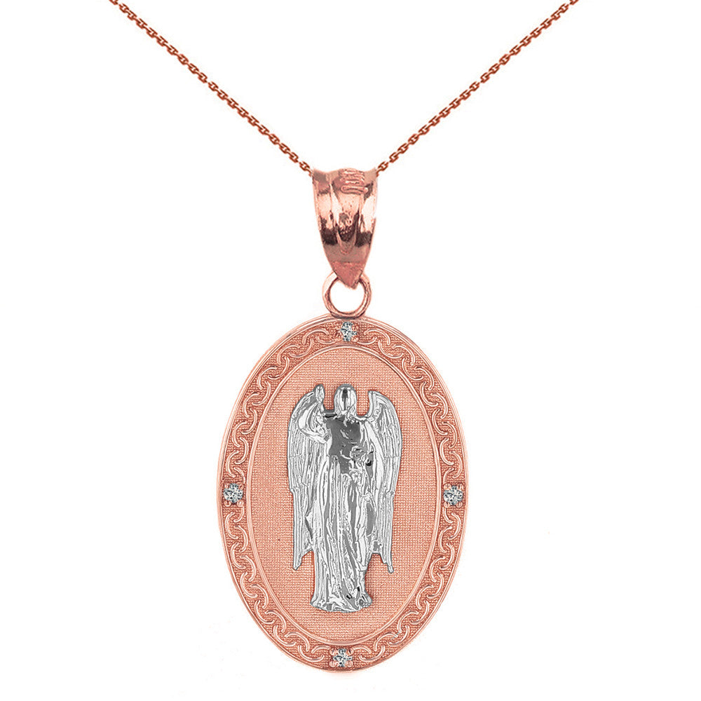 Solid Yellow Gold Archangel Saint Gabriel Diamond Oval Engravable Medallion Pendant Necklace 1.02" (25 mm), view 5