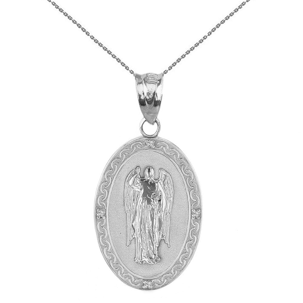 Solid Yellow Gold Archangel Saint Gabriel Diamond Oval Engravable Medallion Pendant Necklace 1.02" (25 mm), view 6