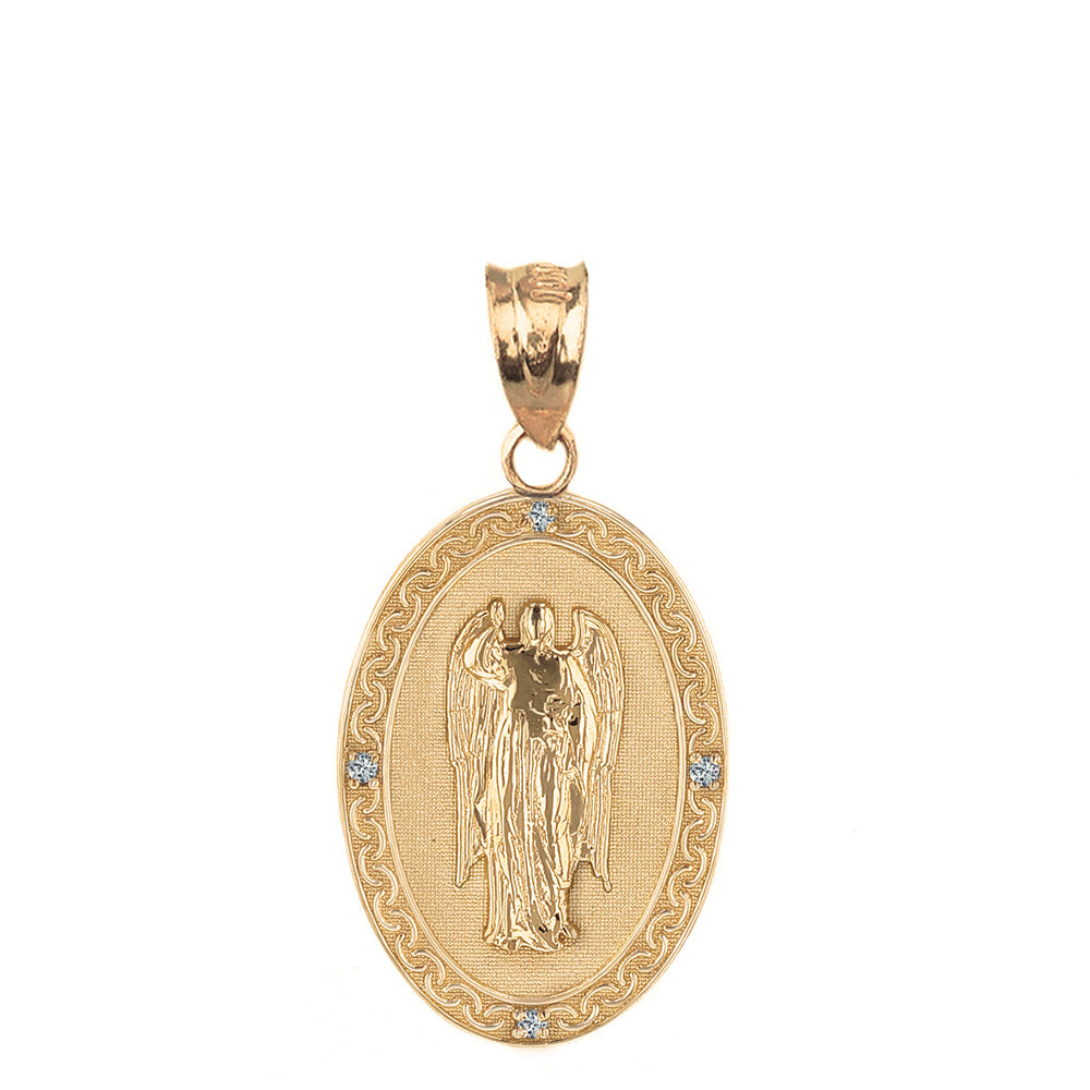 Solid Yellow Gold Archangel Saint Gabriel Diamond Oval Engravable Medallion Pendant Necklace 1.02" (25 mm), view 7