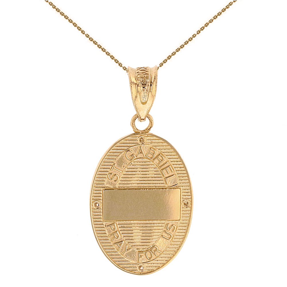 Solid Yellow Gold Archangel Saint Gabriel Diamond Oval Engravable Medallion Pendant Necklace 1.02" (25 mm), view 8