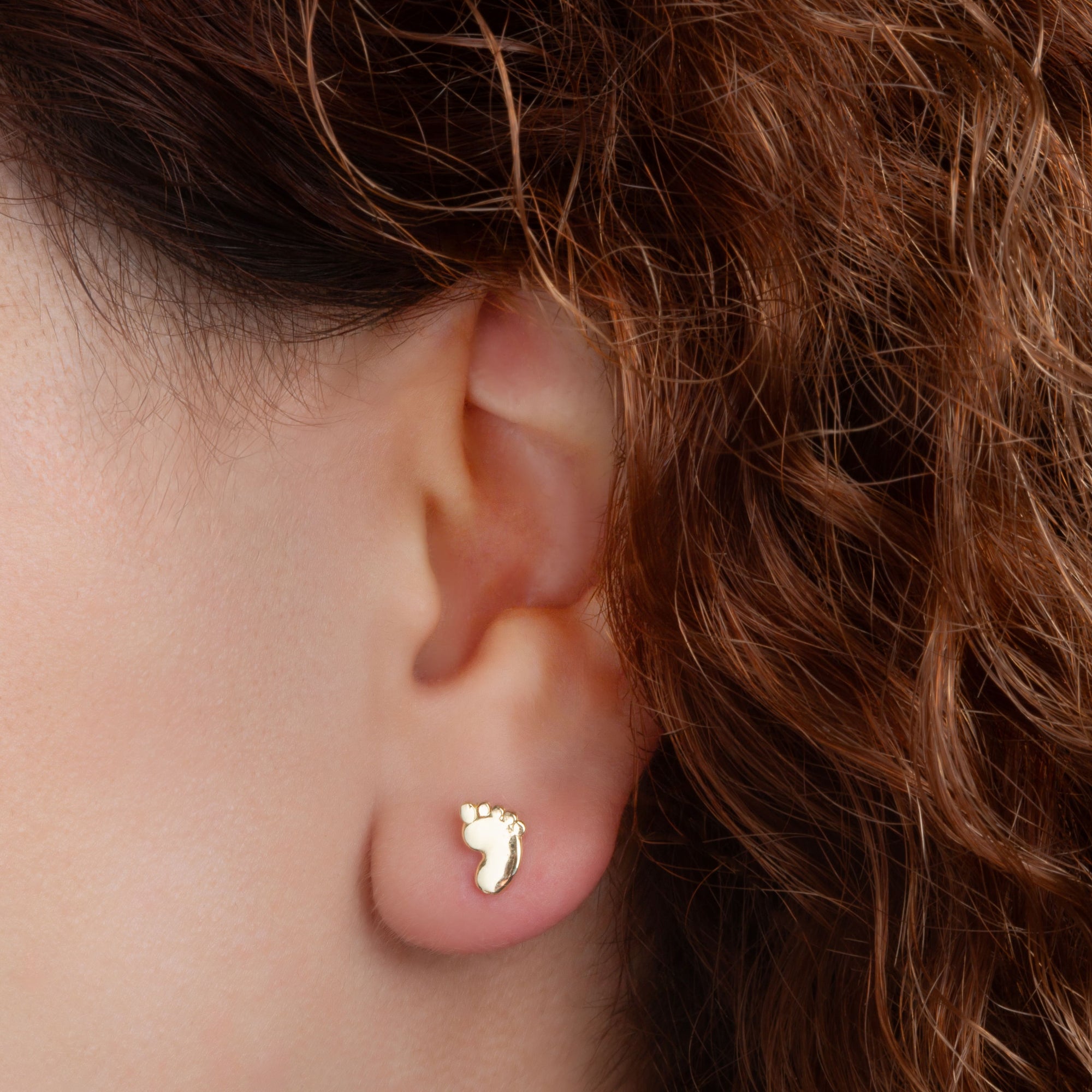 Solid Yellow Gold Baby Foot Print Stud Earrings, view 2
