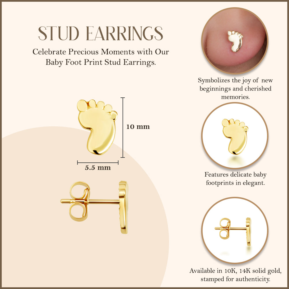 Solid Yellow Gold Baby Foot Print Stud Earrings, view 3