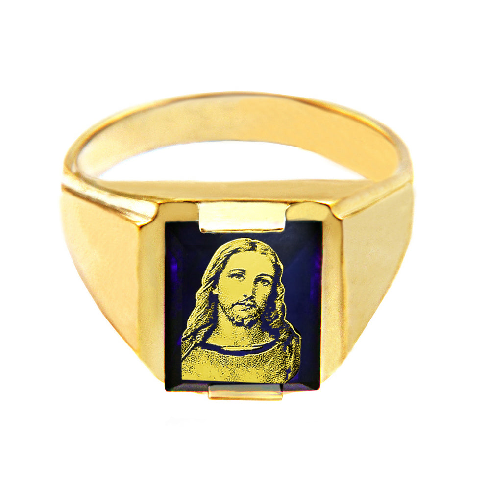 Solid Yellow Gold Blue CZ Stone Jesus Christ Signet Men's Ring, view 2