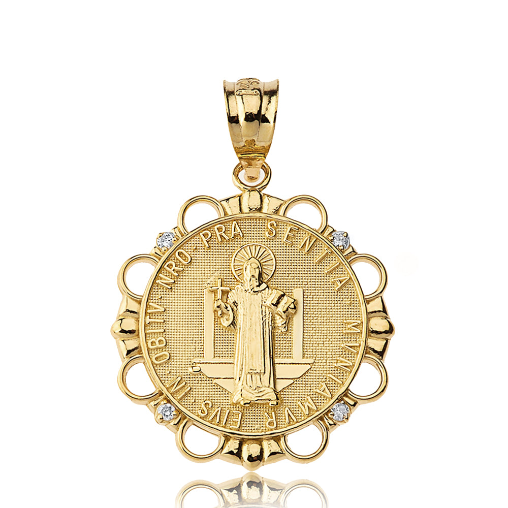 Solid Yellow Gold Diamond Saint Benito Circle Pendant Necklace, view 2