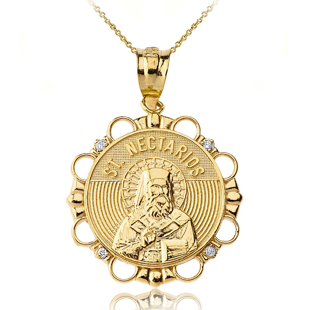 Solid Yellow Gold Diamond Saint Nectarios of Aegina Circle Pendant Necklace