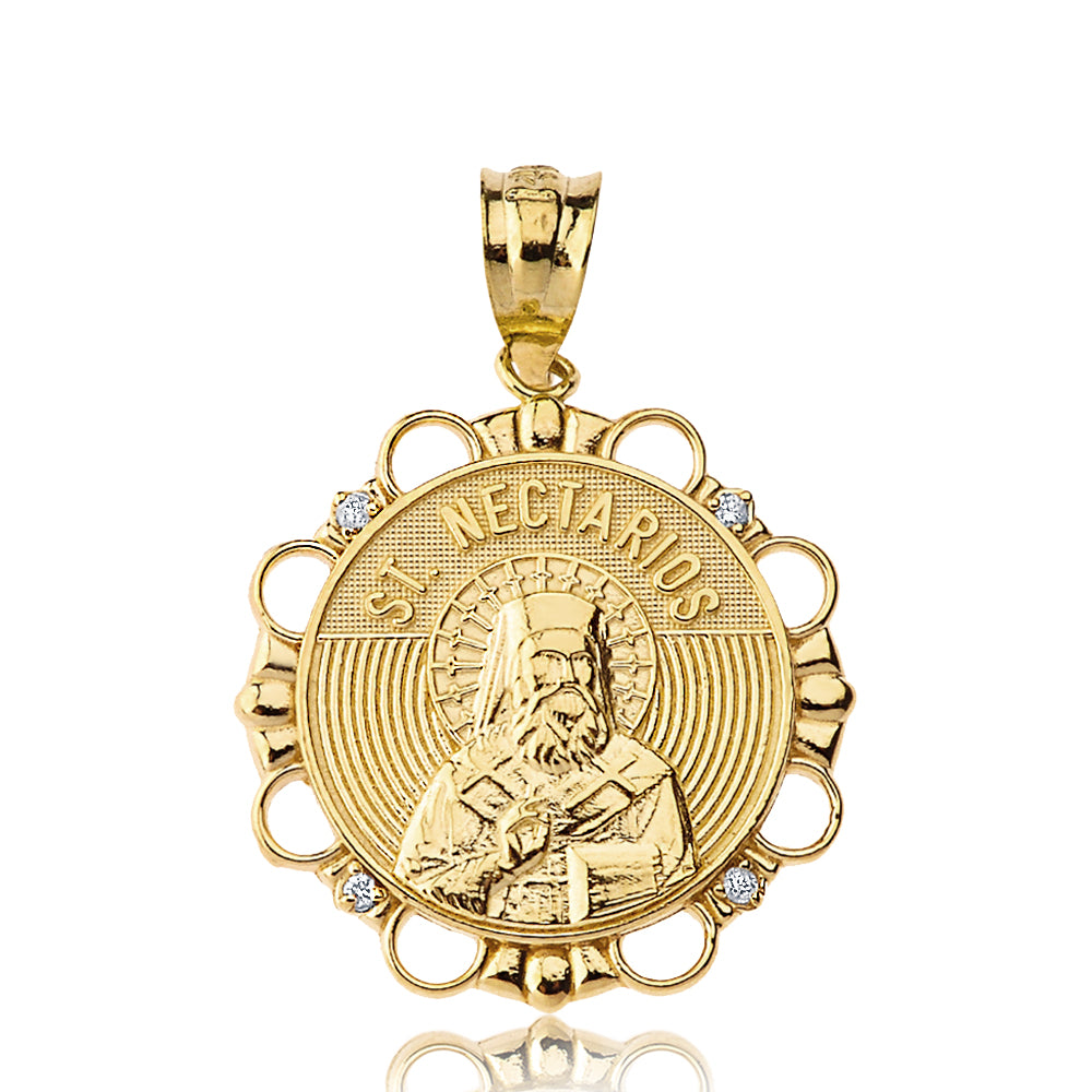 Solid Yellow Gold Diamond Saint Nectarios of Aegina Circle Pendant Necklace, view 2