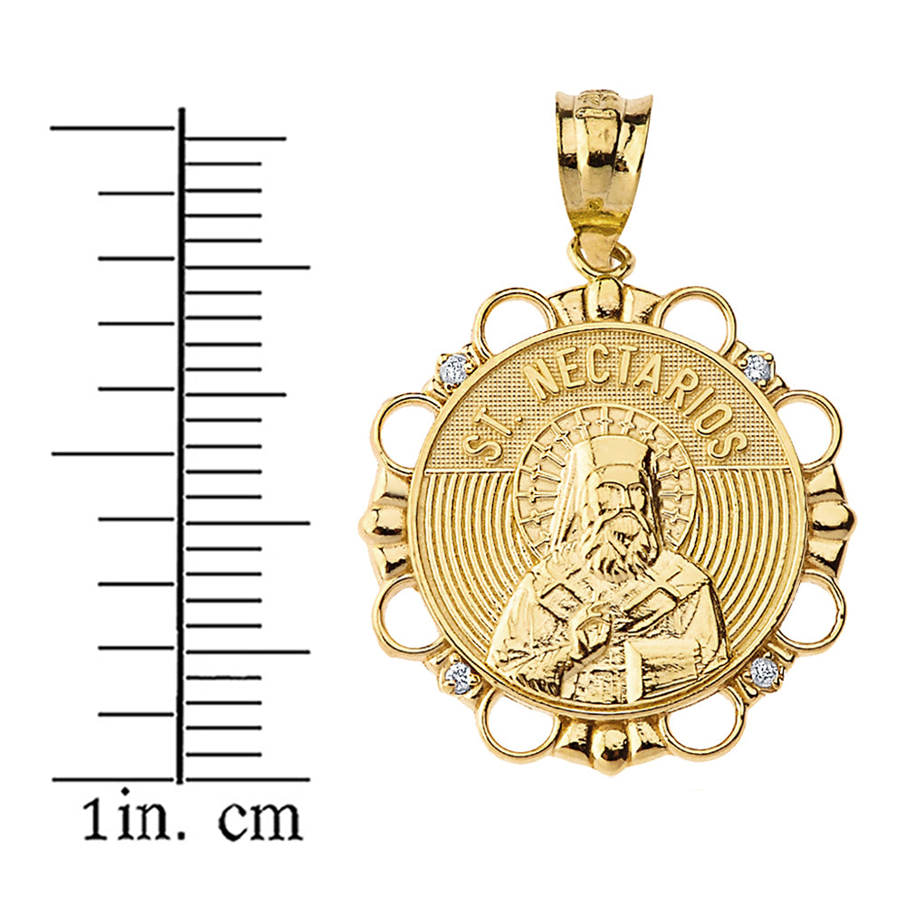 Solid Yellow Gold Diamond Saint Nectarios of Aegina Circle Pendant Necklace, view 3