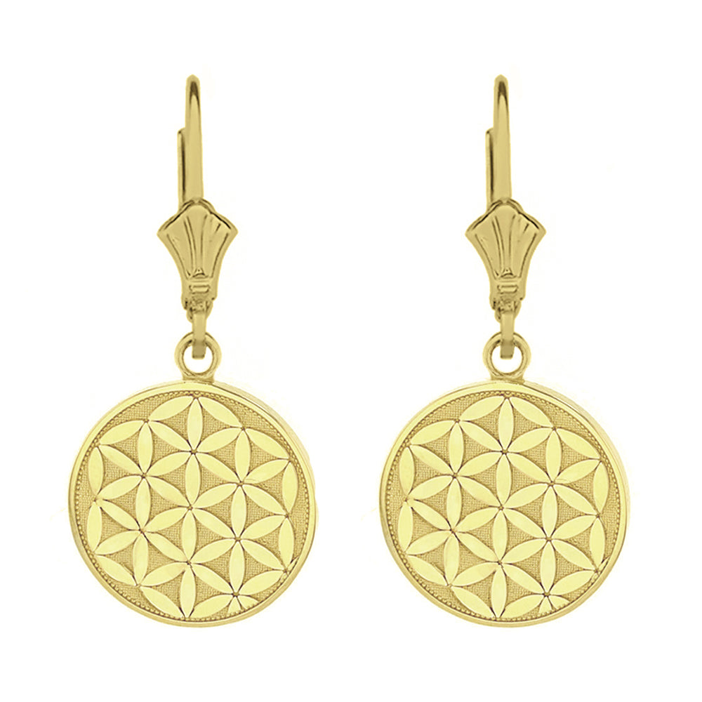 Solid Yellow Gold Flower of Life Dainty Disc Earring Set
