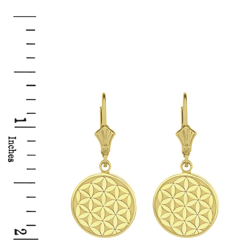 Solid Yellow Gold Flower of Life Dainty Disc Earring Set, view 2