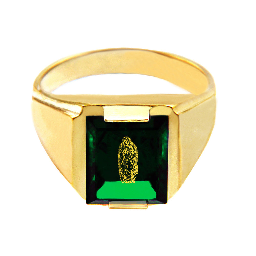 Solid Yellow Gold Green CZ Stone Our Lady of Guadalupe Signet Men's Ring, view 2