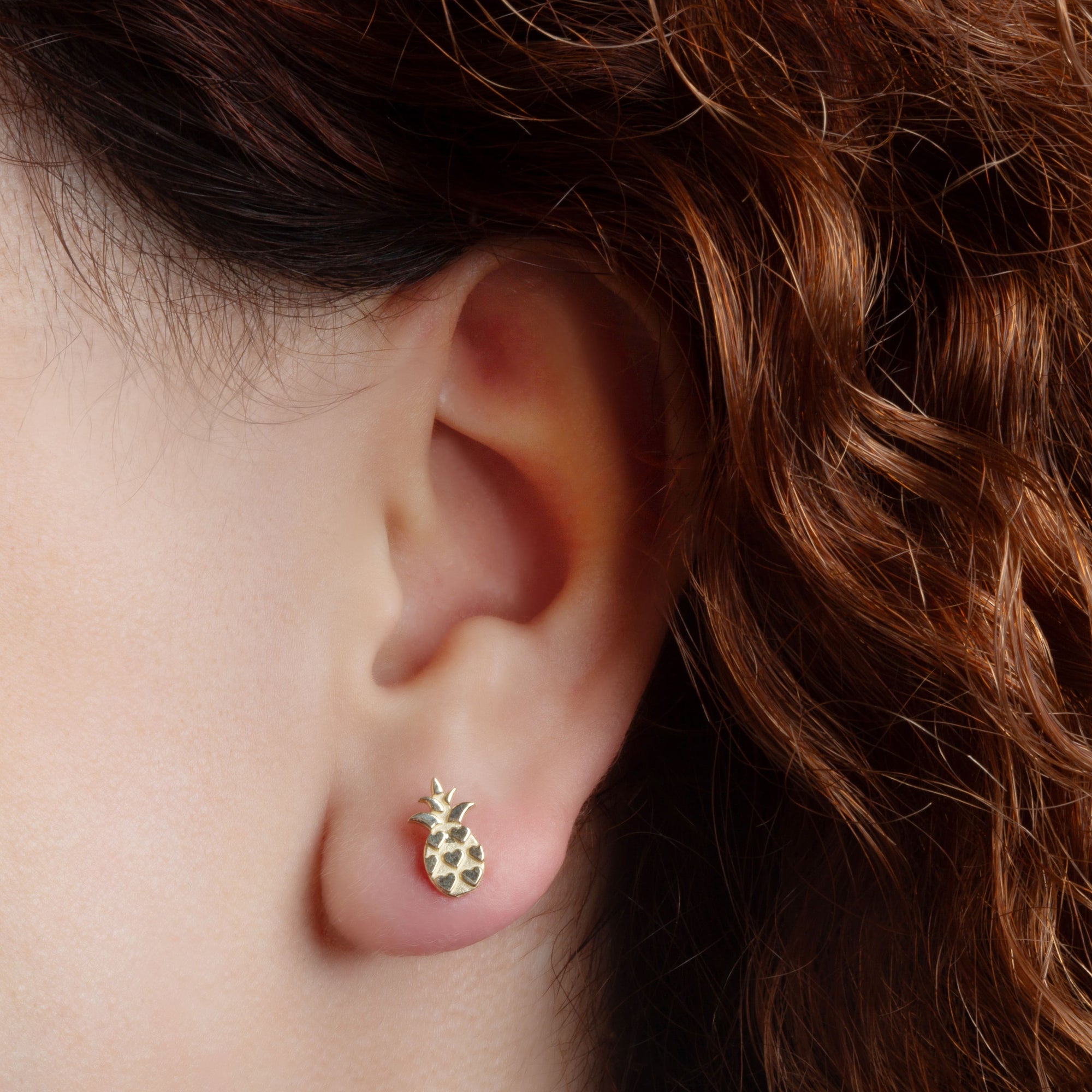 Solid Yellow Gold Pineapple Fruit Stud Earrings, view 2