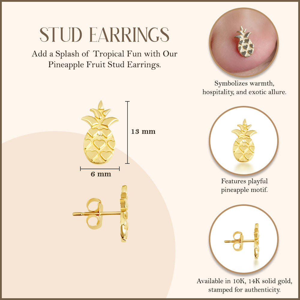 Solid Yellow Gold Pineapple Fruit Stud Earrings, view 3