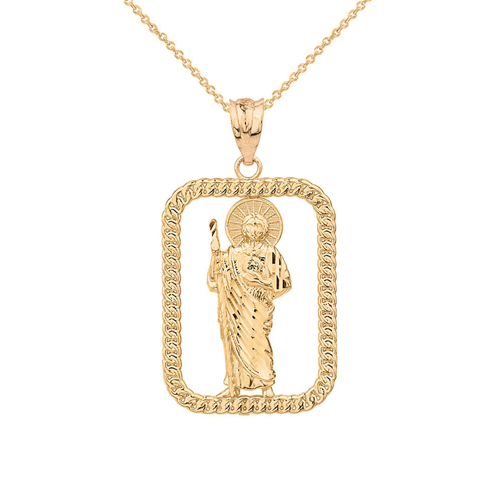 Solid Yellow Gold Rope Frame Diamond Cut Saint Jude Rectangle Pendant Necklace