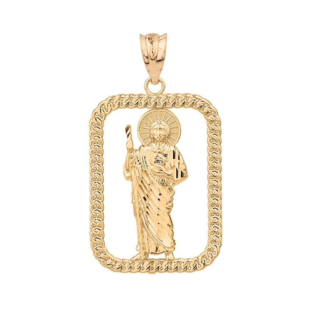 Solid Yellow Gold Rope Frame Diamond Cut Saint Jude Rectangle Pendant Necklace, view 2