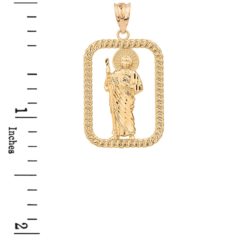 Solid Yellow Gold Rope Frame Diamond Cut Saint Jude Rectangle Pendant Necklace, view 3
