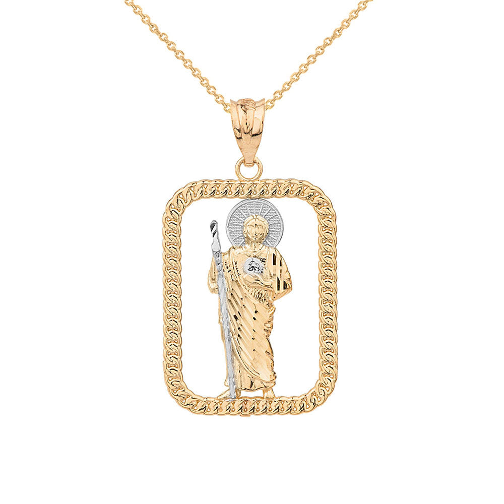 Solid Yellow Gold Rope Frame Diamond Cut Saint Jude Rectangle Pendant Necklace, view 4