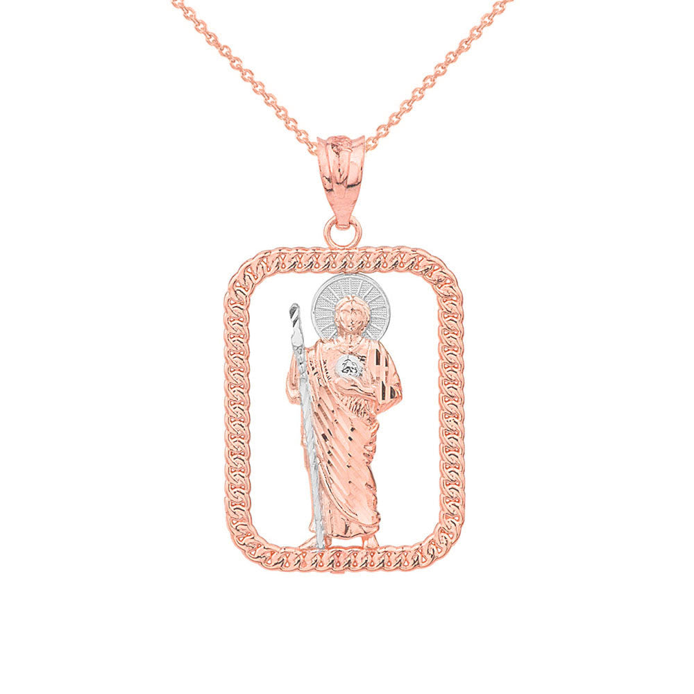 Solid Yellow Gold Rope Frame Diamond Cut Saint Jude Rectangle Pendant Necklace, view 5