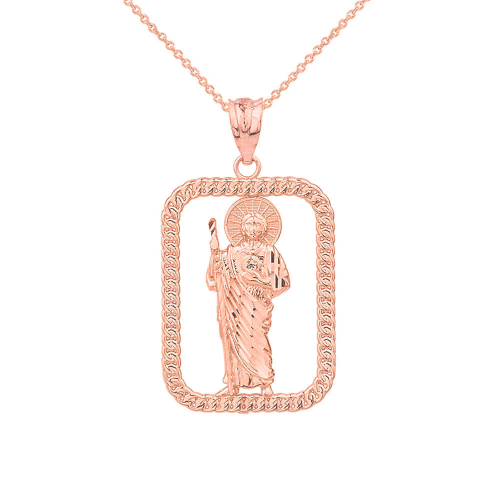 Solid Yellow Gold Rope Frame Diamond Cut Saint Jude Rectangle Pendant Necklace, view 6