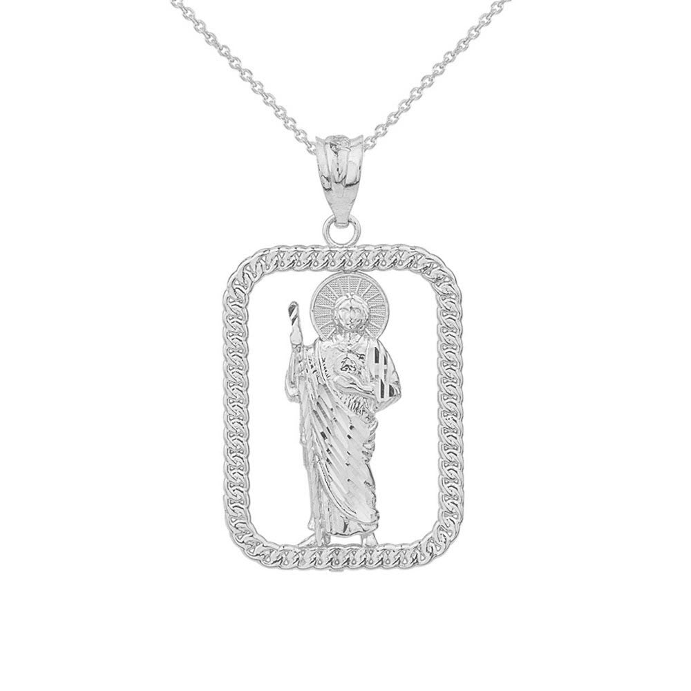 Solid Yellow Gold Rope Frame Diamond Cut Saint Jude Rectangle Pendant Necklace, view 7