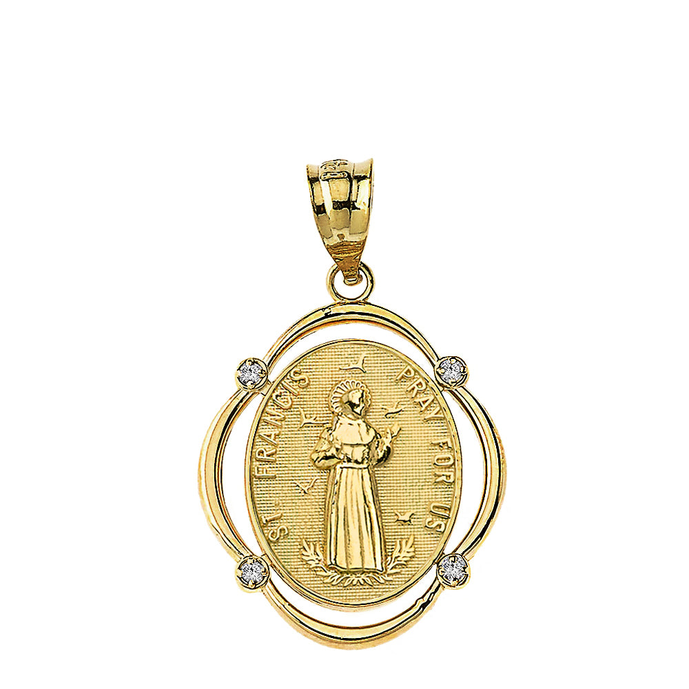 Solid Yellow Gold Saint Francis Pray For Us Diamond Oval Frame Pendant Necklace, view 2