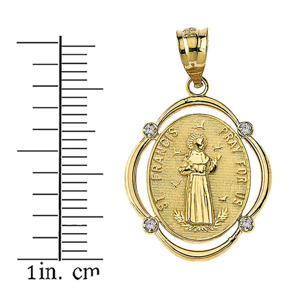 Solid Yellow Gold Saint Francis Pray For Us Diamond Oval Frame Pendant Necklace, view 3