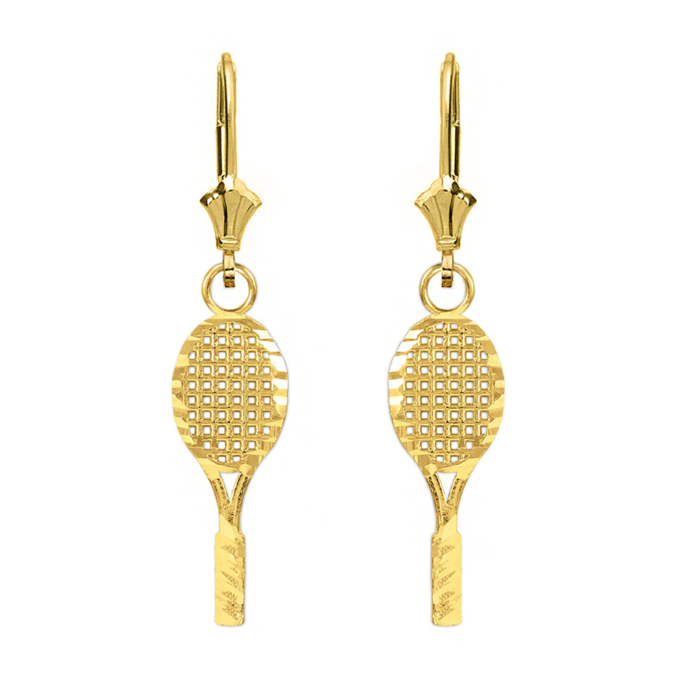 Solid Yellow Gold Sparkle Cut Tennis Racket Dangle Drop Lever Back Earring Set