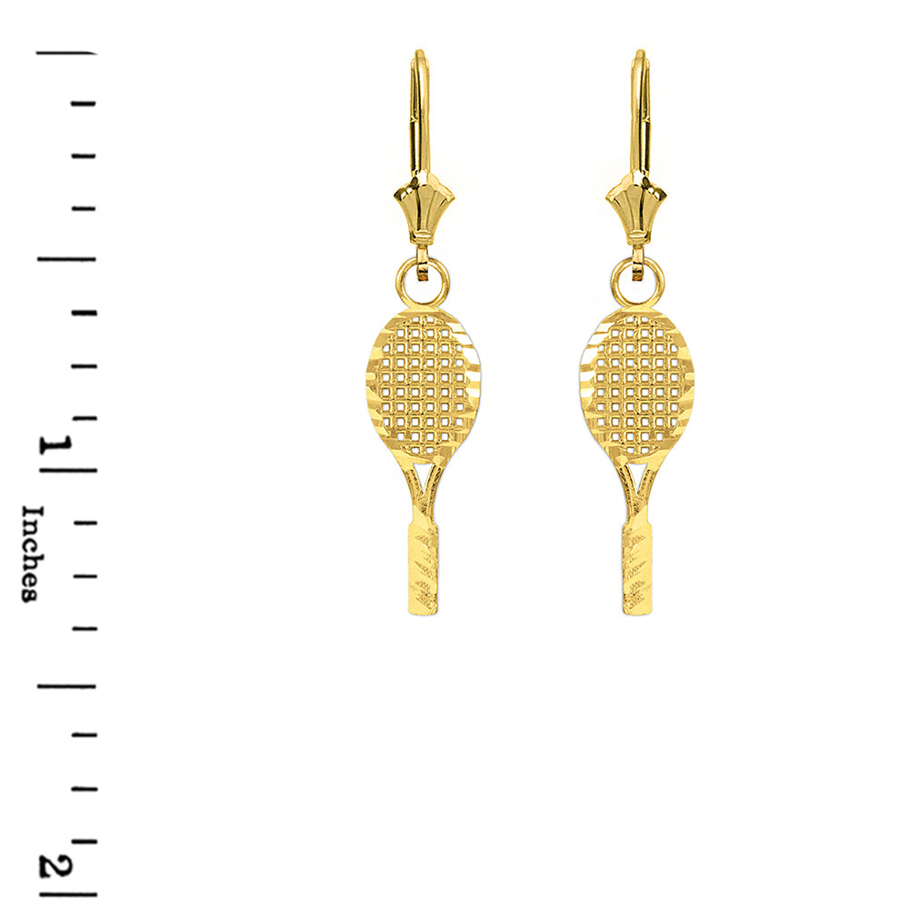 Solid Yellow Gold Sparkle Cut Tennis Racket Dangle Drop Lever Back Earring Set, view 2