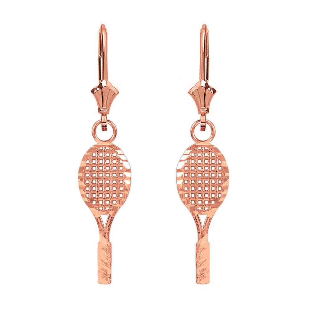 Solid Yellow Gold Sparkle Cut Tennis Racket Dangle Drop Lever Back Earring Set, view 3