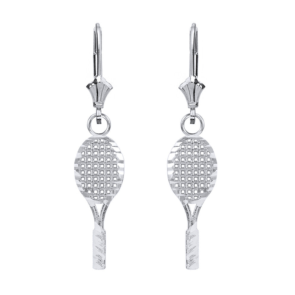 Solid Yellow Gold Sparkle Cut Tennis Racket Dangle Drop Lever Back Earring Set, view 4