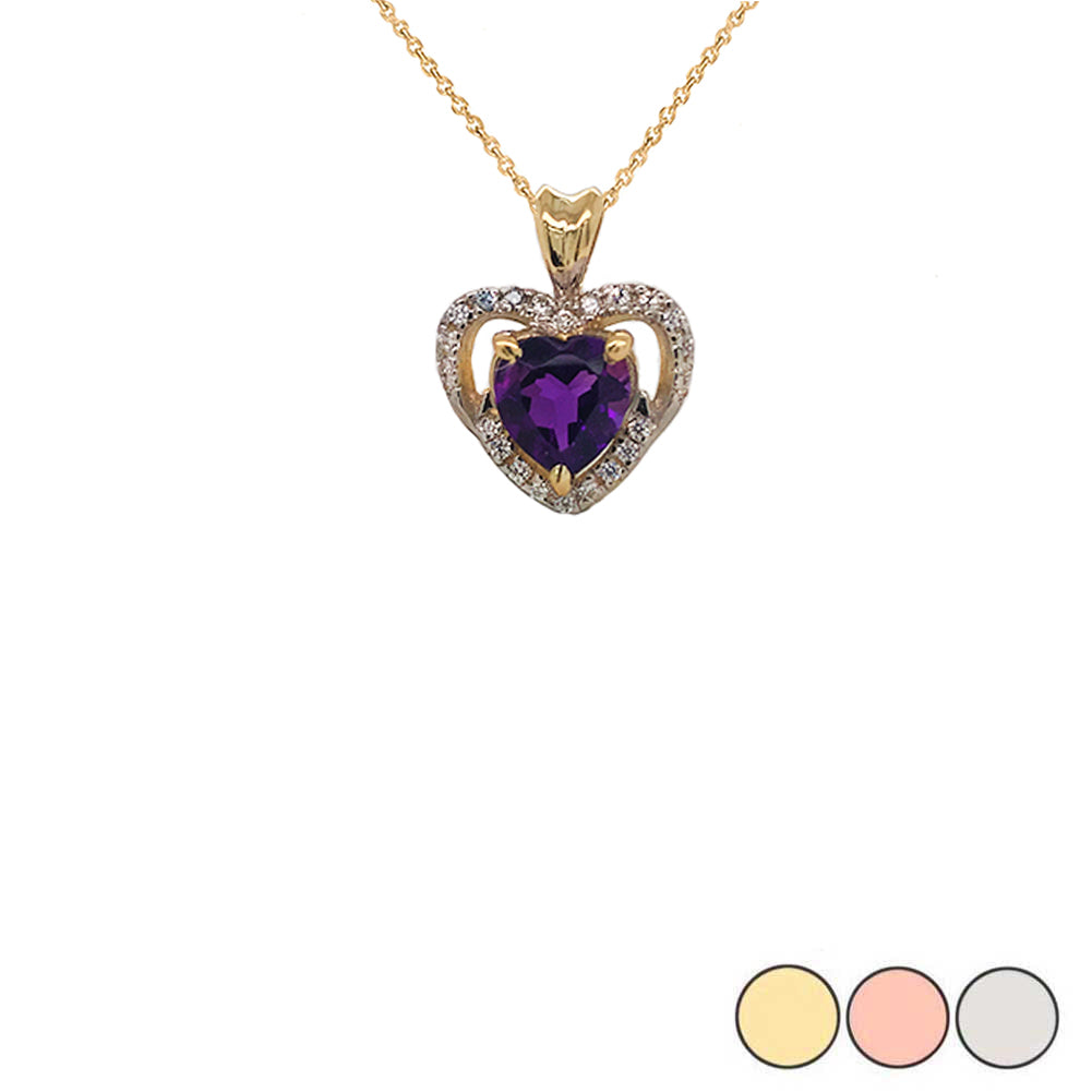 Solitaire Amethyst and Diamond Heart Charm Pendant Necklace in Gold