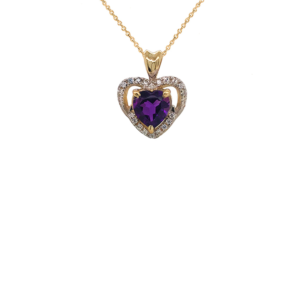 Solitaire Amethyst and Diamond Heart Charm Pendant Necklace in Gold, view 2