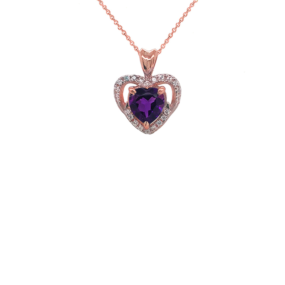 Solitaire Amethyst and Diamond Heart Charm Pendant Necklace in Gold, view 4