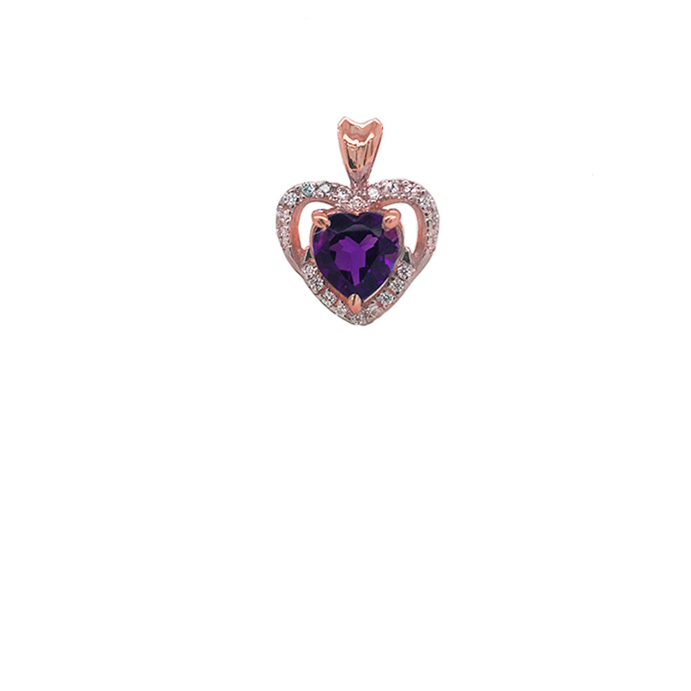 Solitaire Amethyst and Diamond Heart Charm Pendant Necklace in Gold, view 5