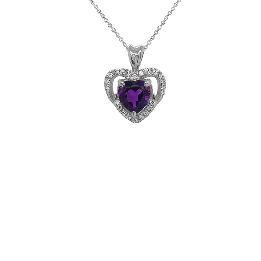 Solitaire Amethyst and Diamond Heart Charm Pendant Necklace in Gold, view 6